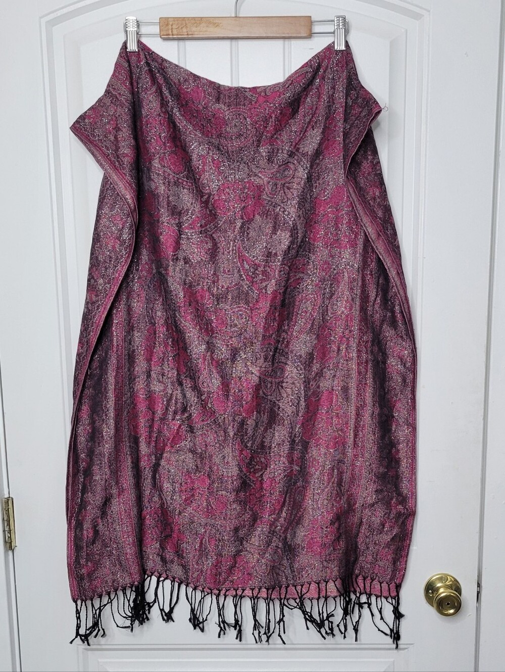 west loop Pink Paisley Fringe Wrap Scarf in Rose & Black Tones